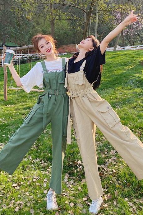 Women's overalls Korean style loose students high waist nine points tooling wide leg pants thin