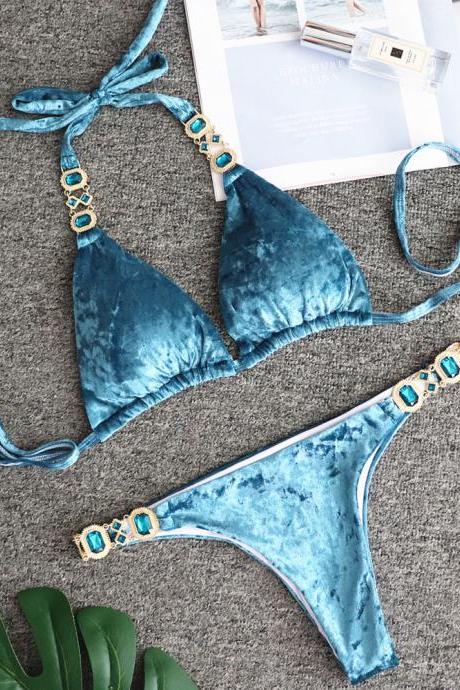 Blue gold velvet female split swimsuit sexy crystal diamond bikini wholesale European and American swimwear