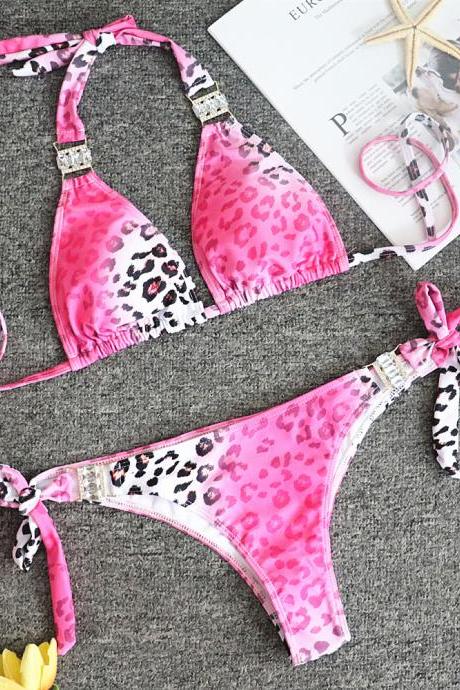  New Swimsuit Pink Leopard Split Swimsuit Sexy Female Swimwear Factory Direct Sales Crystal Diamond Bikini