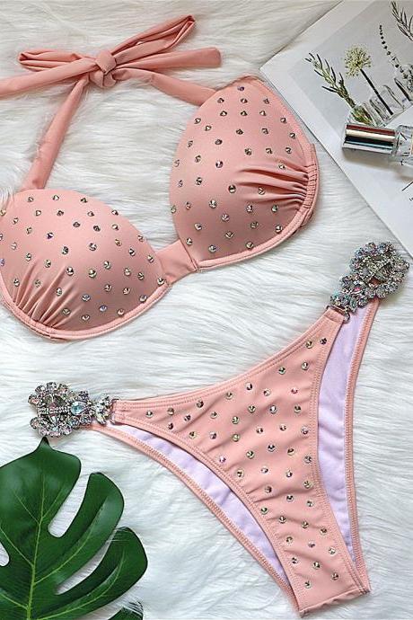 Women's Pink Bandage Women's Split Swimwear Sexy Crystal Diamond Bikini