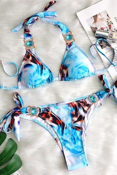 Women's printed straps knotted female split swimsuit sexy crystal diamond low waist bikini