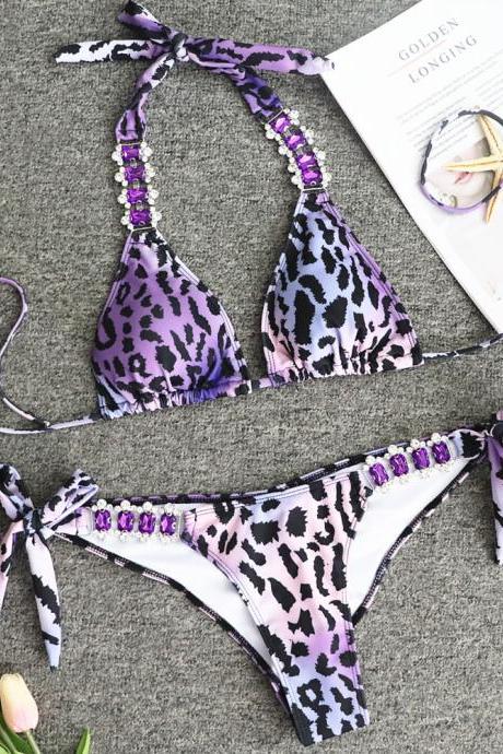 Women's Purple Leopard Print Sexy Backless Bikini Crystal Diamond Swimsuit