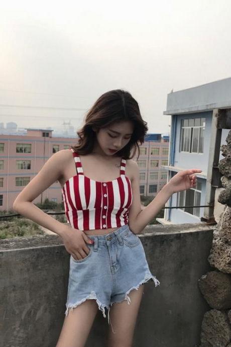 European and American camisole women's short section exposed navel bottoming tube top Slim striped corset outer wear wrap chest summer