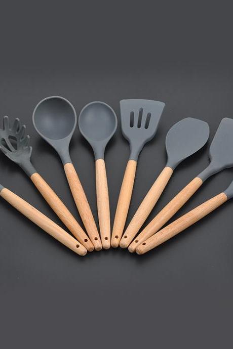  Silicone Wooden Handle Kitchen Utensils Set Of 8 non-Stick spatula Spoon Tool Set Spatula Soup Spoon Cooking Utensils