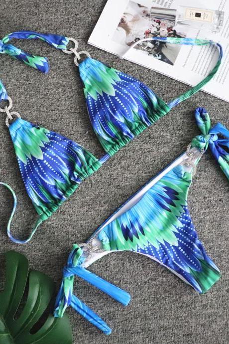 Bikini Crystal Diamond Women's Swimwear Digital Printed Sexy Split Swimsuit