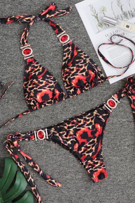 Crystal Diamond Swimsuit Red Leopard Print Sexy Backless Bikini