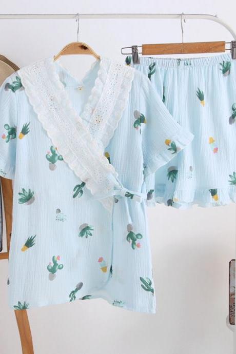 Women's kimono short-sleeved shorts pajamas cotton gauze breathable sweat-absorbent home service pleated gauze pajamas