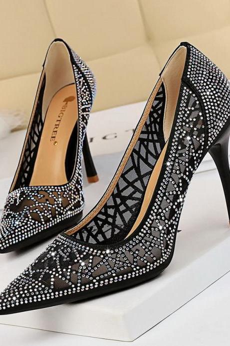 Korean fashion banquet high-heeled shallow mouth pointed sexy slim net hollow shiny rhinestone women's shoes