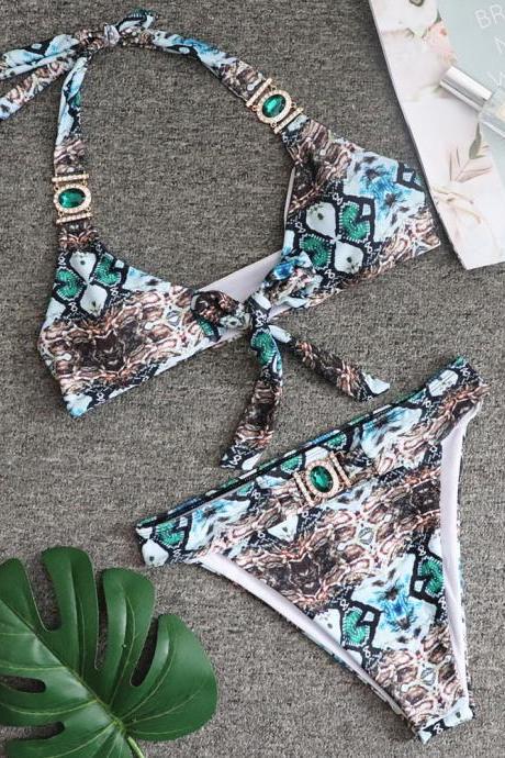 Women's Print Sexy Knotted High Waist Bikini Diamond Swimsuit