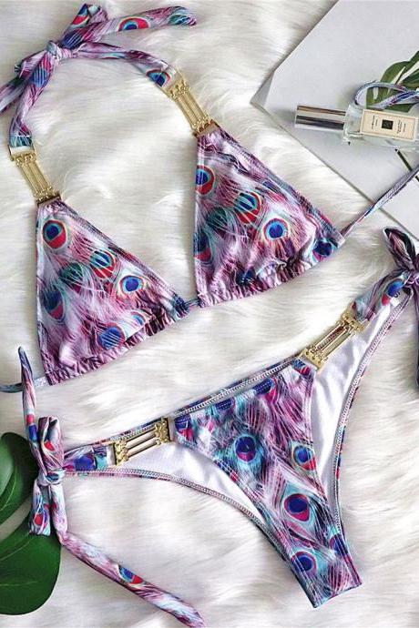 Women's Print Sexy Backless Bikini Metal Accessories Swimsuit