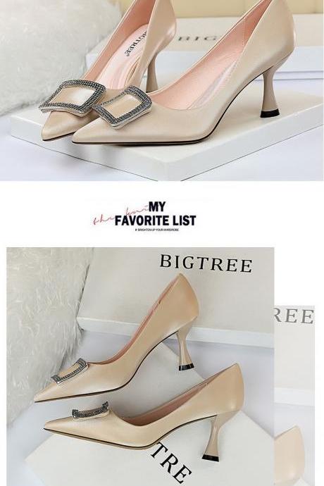 Women's satin shallow mouth pointed metal rhinestone buckle women's shoes