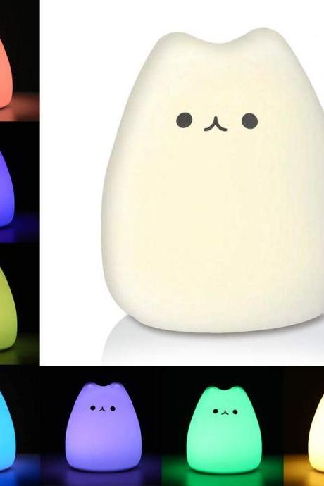 LED Night Light, Battery Powered Silicone Cute Cat Carton Nursery Lights with Warm White and 7-Color Breathing Modes for Kids Baby Children 2-Pack