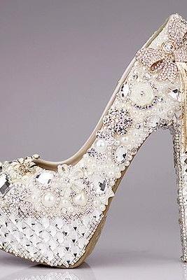 Women&#039;s bowknot rhinestone super high heel women&#039;s shoes pearl wedding shoes crystal tassel bridal shoes waterproof platform single shoes