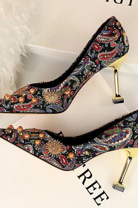Retro European and American style women's shoes flower cloth satin rhinestone metal decorative single shoes