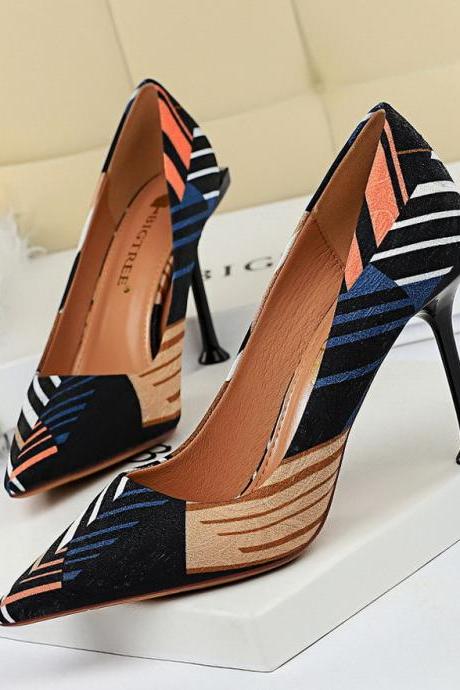 Colorful geometric print pointed toe stiletto high heels