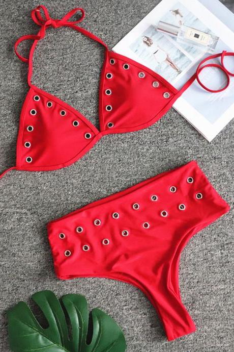 Red high waist female split swimsuit sexy studs decorated bikini European and American swimsuit