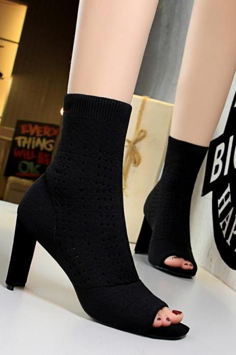 Women's short tube women's boots thick heel high-heeled wool hollow square head fish mouth short boots