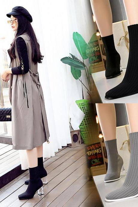 Korean version of transparent crystal heel high heel winter short tube women&#039;s boots wool booties