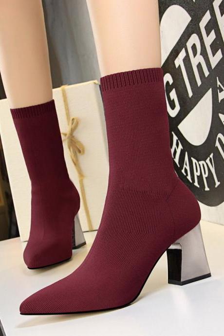 Women's boots thick heeled high-heeled pointed thin sexy nightclub stretch wool booties