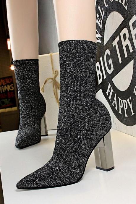 Short tube female boots metal heel thick heel high heel sexy nightclub was thin pointed pointed wool short boots