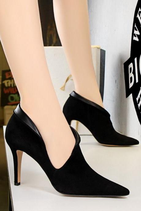 High heel women's shoes suede pointed sexy nightclub was thin and hollow deep mouth single shoes high heels