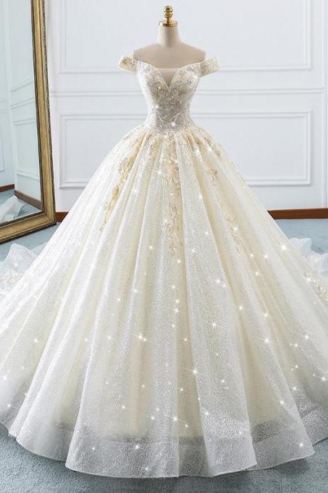 Custom Made Champagne Off the Shoulder Long Wedding Dress Tulle Bridal Dress