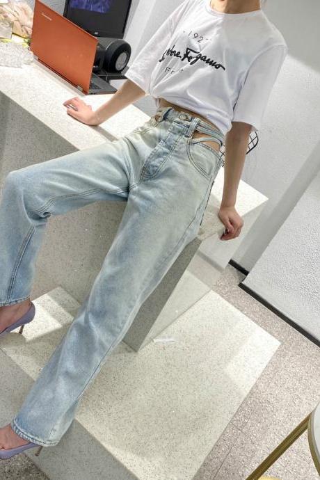 Women's Casual Mid aist Loose Jeans Denim Pants