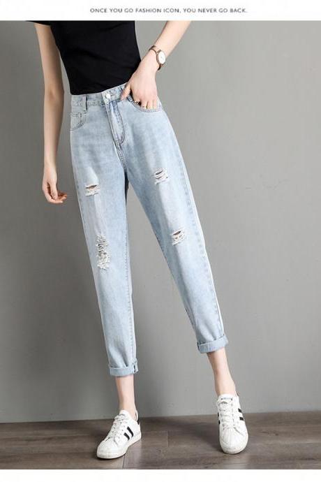 Women's ripped jeans women's wide thin thin cropped pants