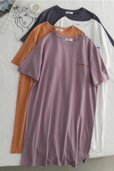 Printed short-sleeved t-shirt loose cotton mid-length half-sleeved purple dress