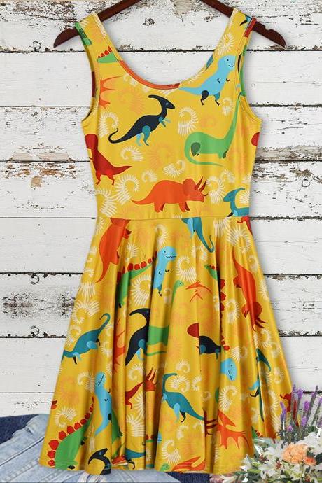  Women's Summer Casual T Shirt Sundress Dinosaur doodle pattern dress