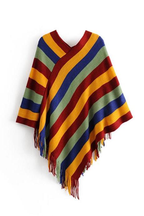 Women&amp;#039;s V-neck Color Striped Fringed Shawl Loose Pullover