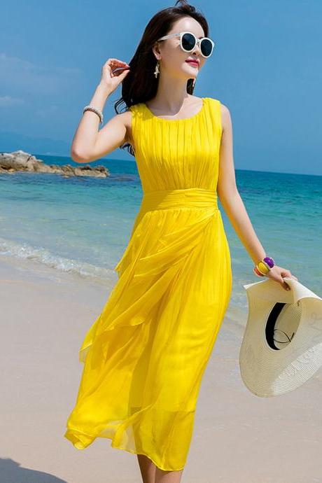 Women's dress high waist silk bohemian silk beach dress