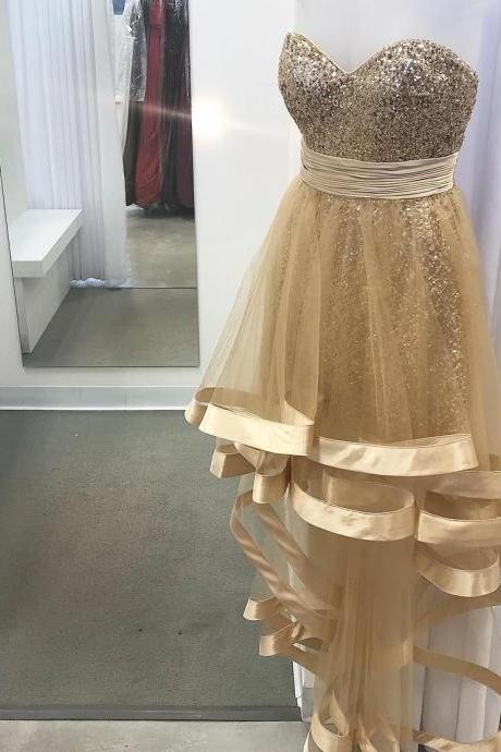 Gold sequin party dress sweetheart prom dress