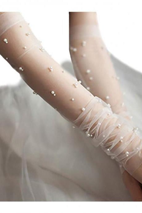 Wedding Gloves Fingerless Pearl Bridal Lace Glove for Women and Girls