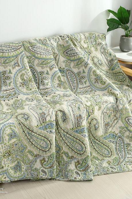 Quilted Throw Blanket 100% Cotton Reversible Geometric Print Patchwork Bed Throws Quilt Lap Blanket for Couch Sofa Twin Bed 180x220cm