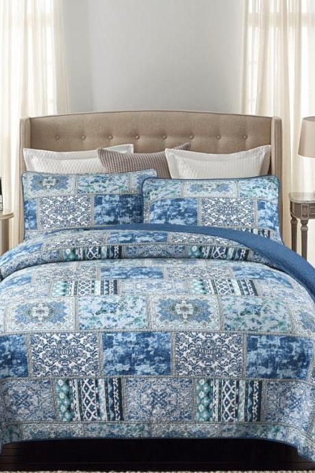 Simple quilted cotton three-piece bedding printing ,Lightweight Coverlet Quilt for Spring and Summer, 1 Quilt and 2 Pillow Shams