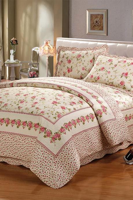 Pure Cotton Bed Cover Washed Quilted Floral Three Piece Set Air Conditioner Bedding Three Piece Set