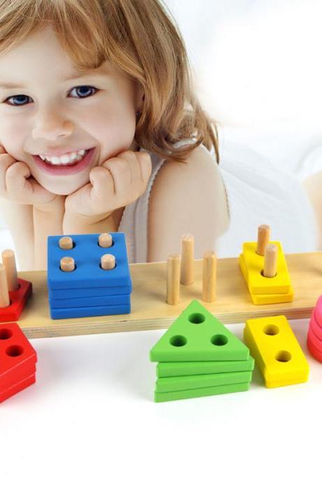 Wooden Educational Preschool Toddler Toys for 3 4-5 Year Old Boys Girls Shape Color Recognition Geometric Board Blocks Stack Sort Kids Children Non-Toxic Toy