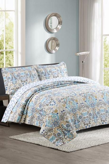 Quilted Washed Quilt Bedding, Printed Quilted Edging Cotton Three-Piece Suit