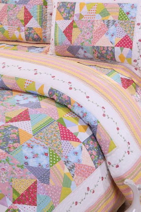 Spring and summer bed cover cotton printed washed and quilted three-piece set