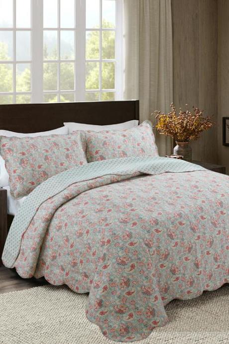 Pure cotton stitching and washing three-piece reactive printing and dyeing quilted bed cover three-piece