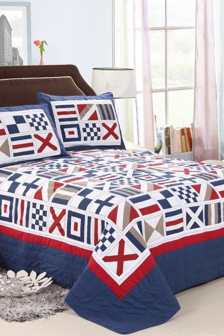 Three-piece cotton quilted quilt bed, reactive printing and dyeing hand-washed quilted cotton