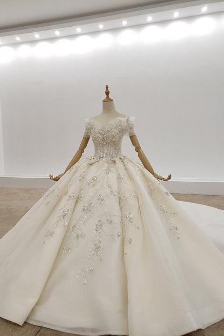 Women's wedding dress bright crystal starry one-shoulder bridal ivory wedding dress