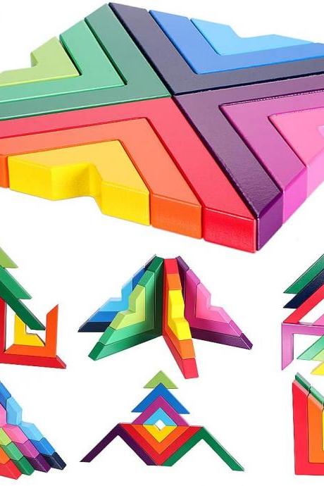 Wooden Rainbow Stacking Game Stacker Geometry Building Blocks Creative Nesting Educational Toys Kids Toddlers (Rainbow Stacking Game)