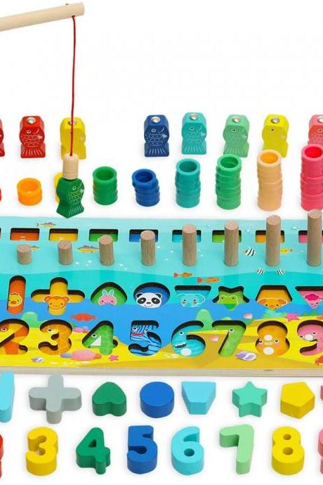 Wooden Number Montessori Math Puzzle Toys for Toddlers, Girls, and Boys, Shape Sorter Stacking Counting Fishing Game Learning Board for Age 3 4 5, Preschool Early Educational Jigsaw Gift for your kids