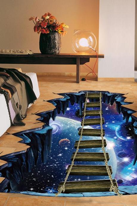 3D Floor/Wall Sticker,Universe Planet Suspension Bridge, Removable Mural Decals Vinyl Art Living Room Decors