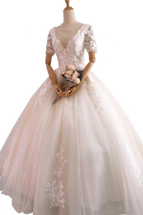 Bridal wedding dress round neck mesh sleeve party dress
