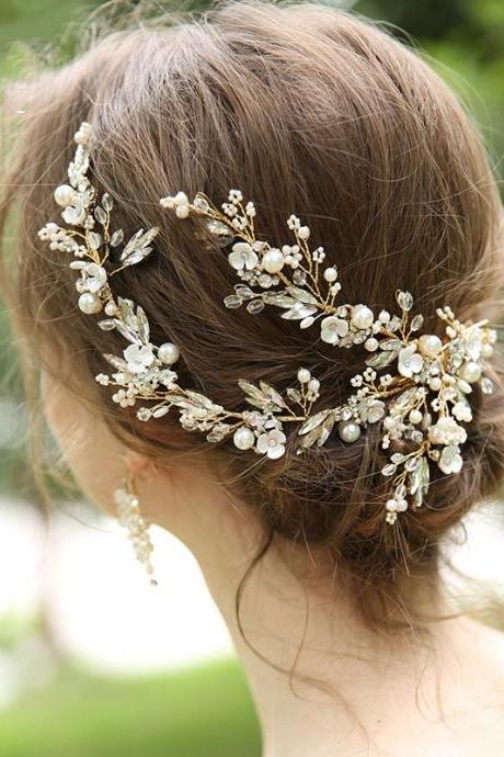 Gold Rhinestone Wedding Headband Handmade Hair Band Bridal Headpiece Hair Accessories for Brides Bridesmaid