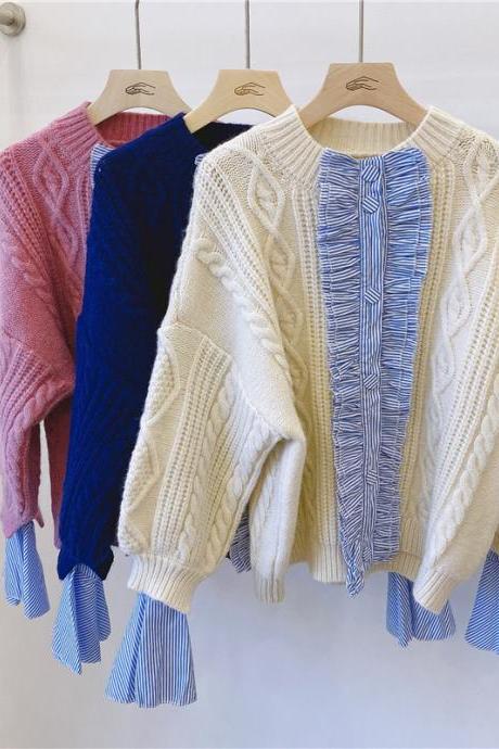 Autumn new style Korean personality striped shirt stitching loose fashion women's sweater cardigan