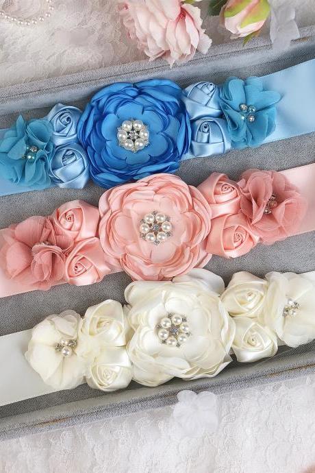 Sash Belt with Flowers Pearls Rhinestone for Wedding Bride/Baby Shower Dress